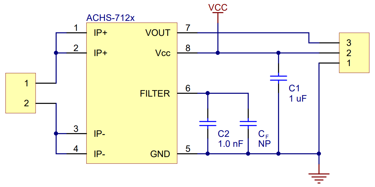 Schematic diagram of the ACHS-712x Current Sensor Carrier.