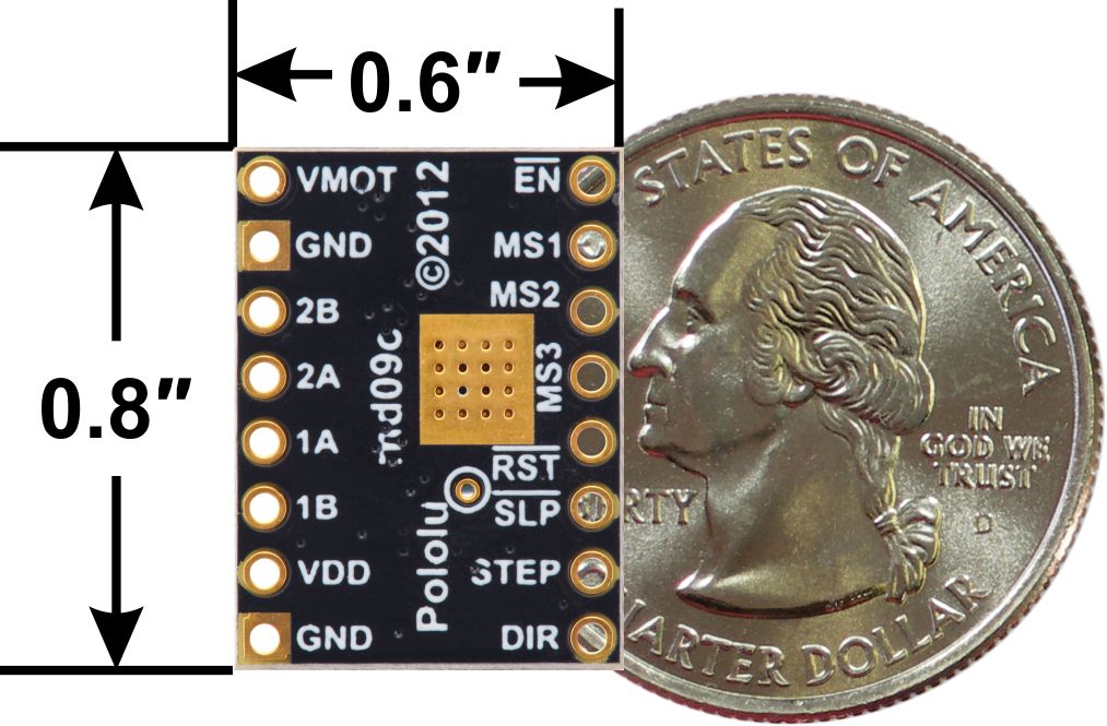 A4988 stepper motor driver carrier, Black Edition, bottom view with dimensions.