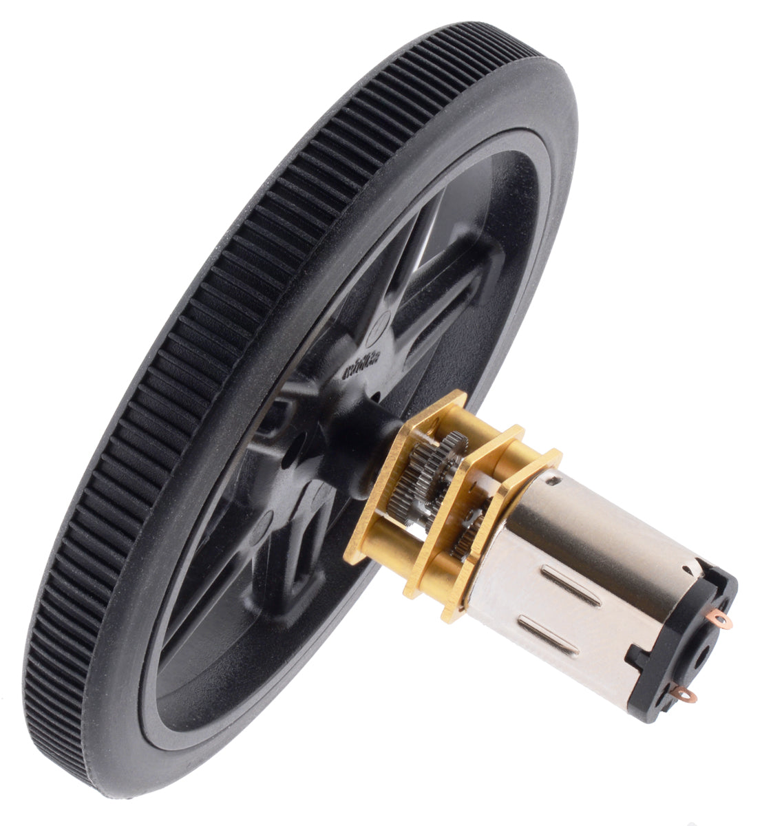 Black Pololu Wheel 60x8mm on a Pololu Micro Metal Gearmotor.