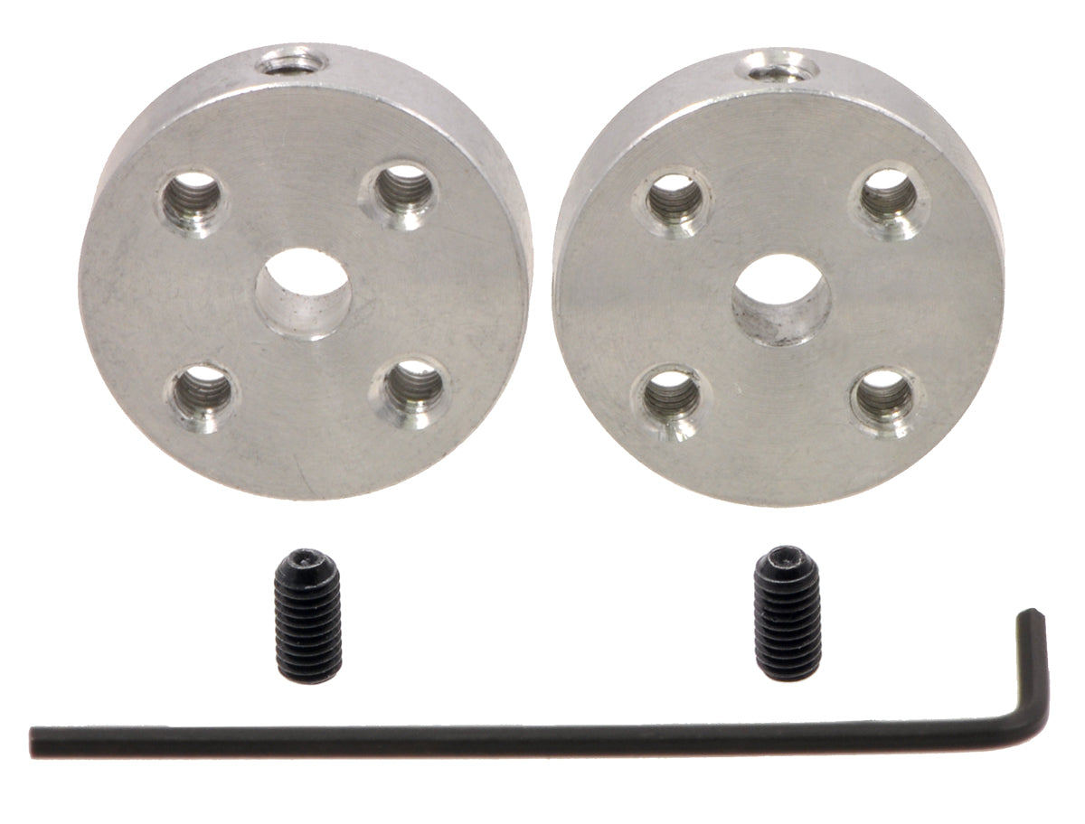A pair of Pololu universal aluminum mounting hubs for 4 mm diameter shafts.