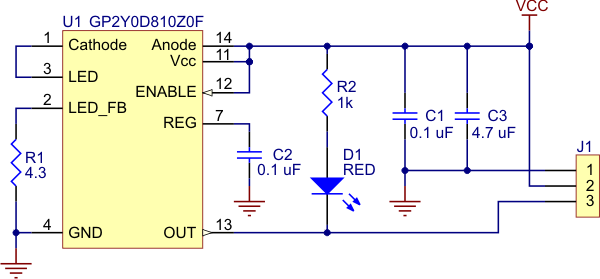 Pololu carrier for Sharp GP2Y0D805Z0F, GP2Y0D810Z0F, and GP2Y0D815Z0F sensors schematic diagram.