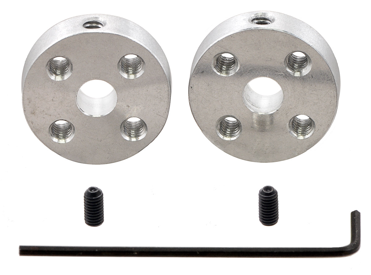 A pair of Pololu universal aluminum mounting hubs for 5 mm diameter shafts.