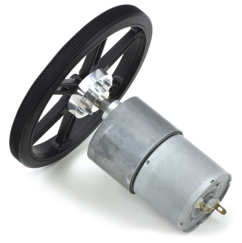 Black Pololu Wheel 90x10mm on a Pololu 37D mm Metal Gearmotor.