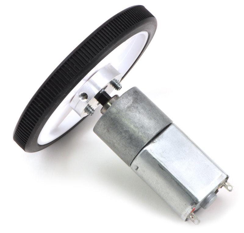 White Pololu Wheel 60x8mm on a Pololu 20D mm Metal Gearmotor.