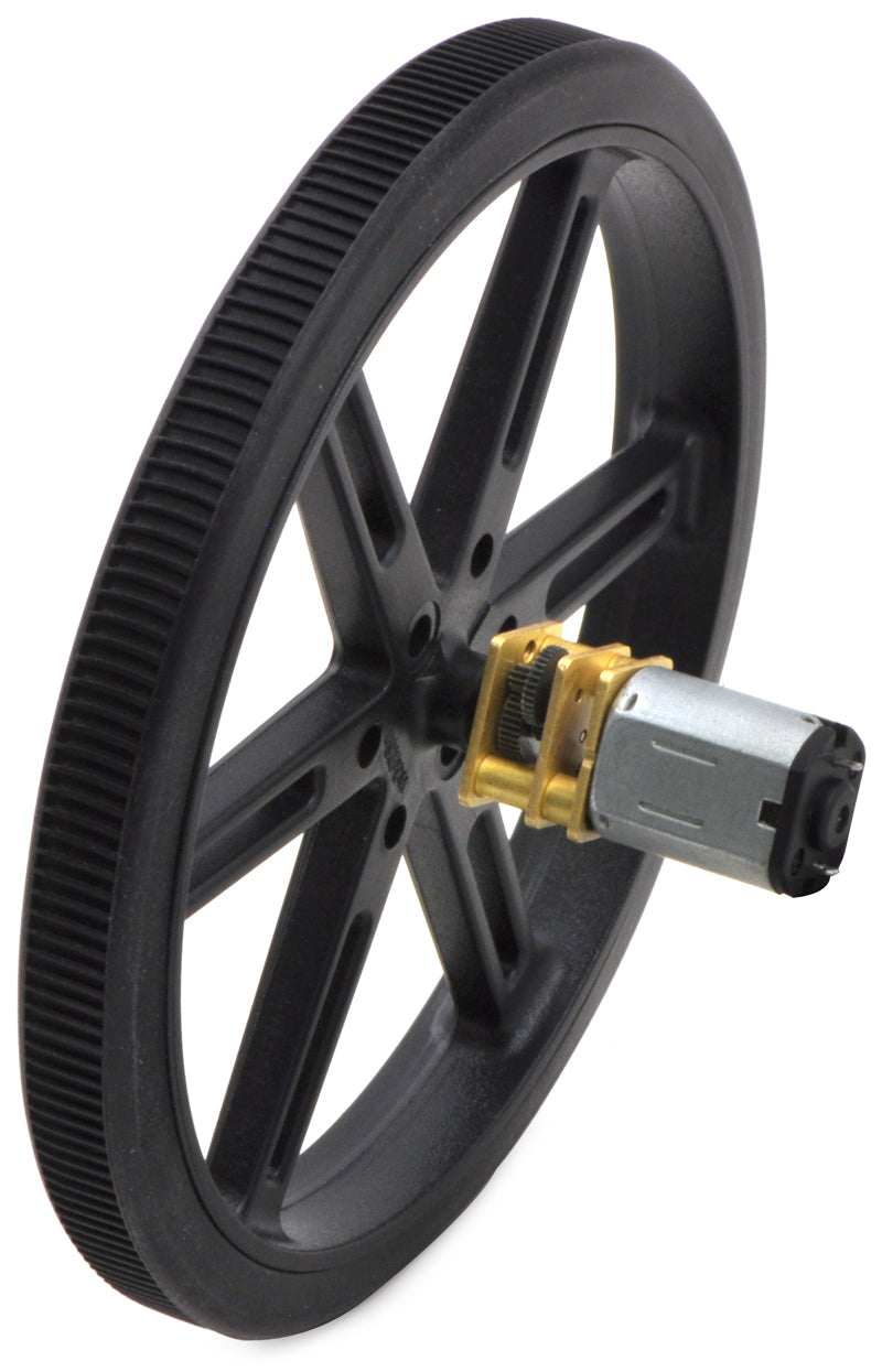 Black Pololu Wheel 90x10mm on a Pololu Micro Metal Gearmotor.
