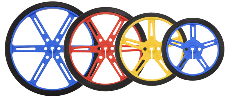 Pololu Wheels with 90, 80, 70, and 60 mm diameters in three colors: blue, red, and yellow.