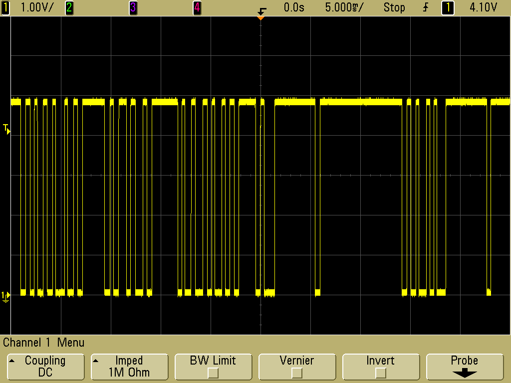 Oscilloscope capture of typical Pololu 38 kHz IR proximity sensor output close to its threshold of detection.