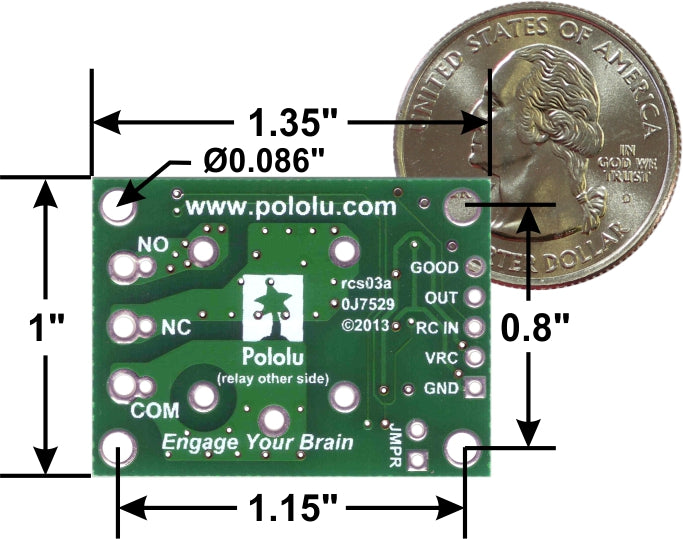 Pololu RC Switch with Relay, bottom view with dimensions.