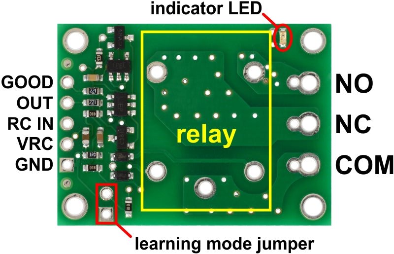 Pololu RC Switch with Relay carrier board, labeled top view.