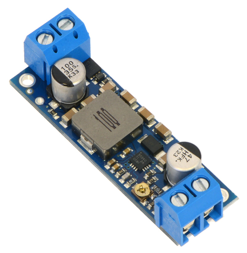Pololu adjustable 9-30V step-up voltage regulator U3V50AHV, assembled with included terminal blocks.