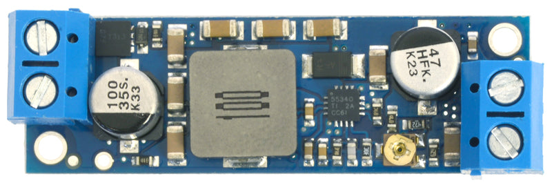 Pololu adjustable 4-12V step-up voltage regulator U3V50ALV, assembled with included terminal blocks.