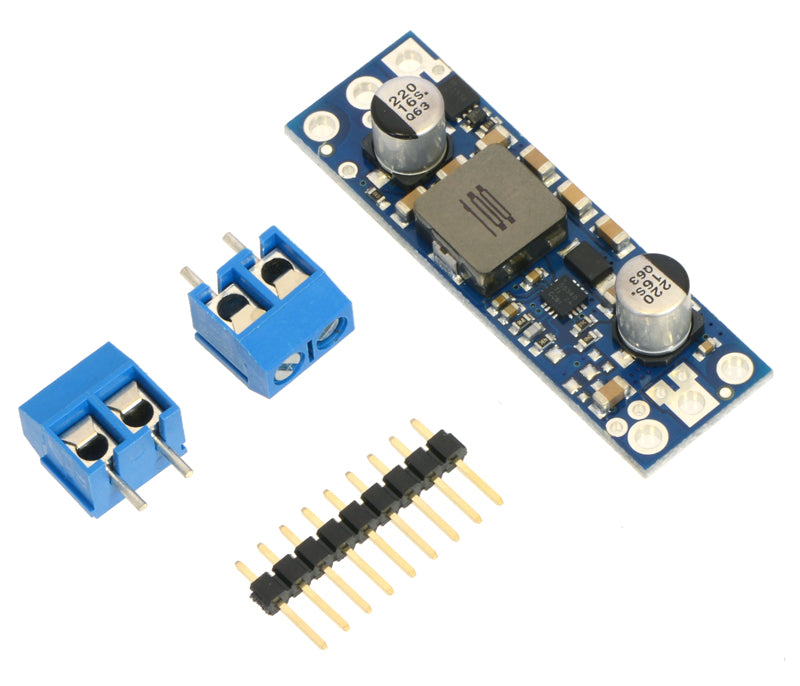 Pololu fixed step-up voltage regulator U3V50Fx with included optional terminal blocks and header pins.