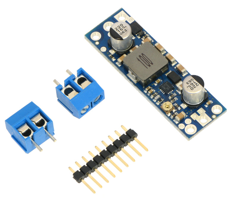 Pololu adjustable step-up voltage regulator U3V50Ax with included optional terminal blocks and header pins.