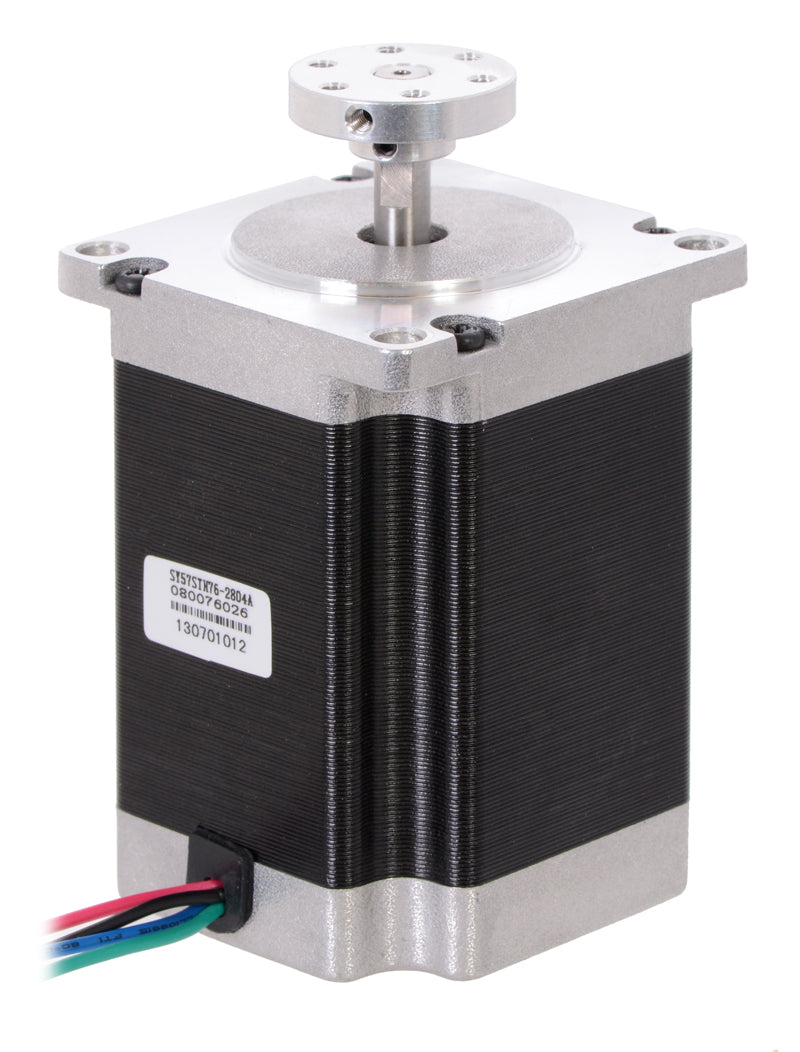 1/4″ Pololu universal aluminum mounting hub on a NEMA 23 stepper motor with 1/4″-diameter output shaft.