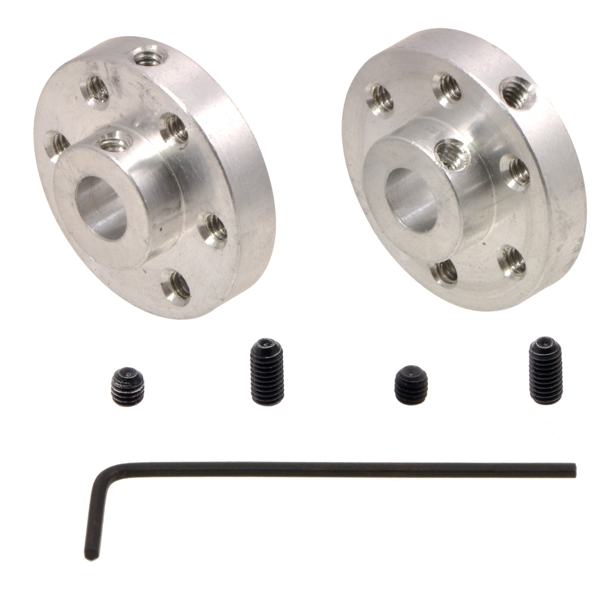 A pair of Pololu universal aluminum mounting hubs for 1/4 inch diameter shafts.