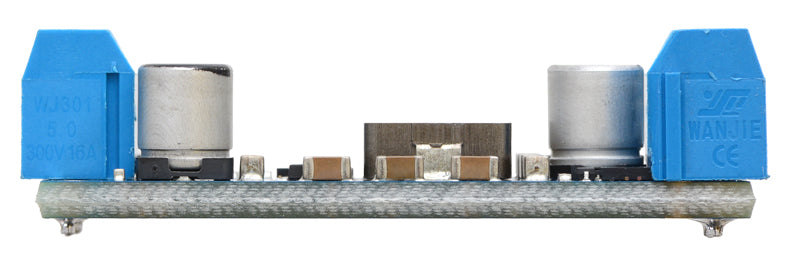 Pololu step-up voltage regulator U3V50x with included terminal blocks installed, side view.