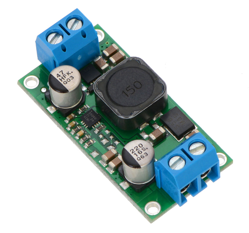 Pololu fixed step-up/step-down voltage regulator S18V20Fx, assembled with included terminal blocks.