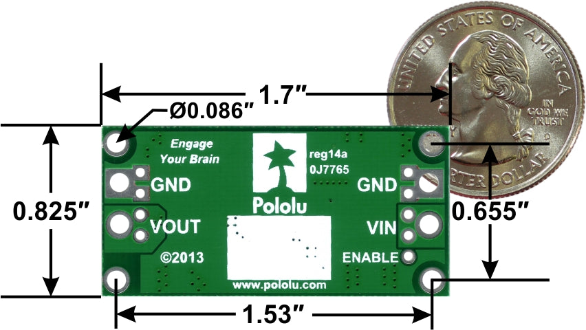 Pololu step-up/step-down voltage regulator S18V20x, bottom view with dimensions.