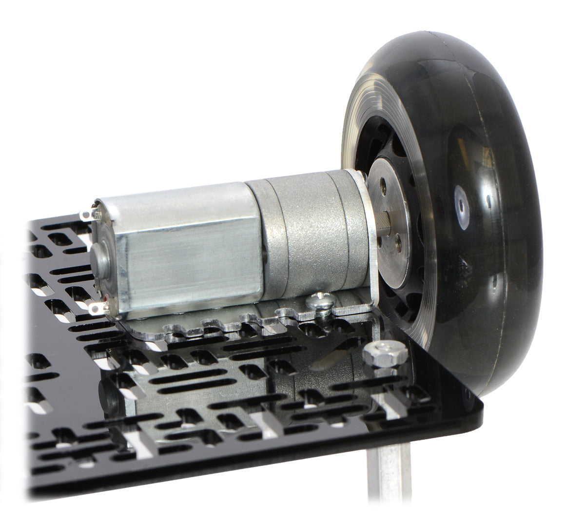 A 20D mm gearmotor connected to a scooter wheel by the 4 mm scooter wheel adapter.