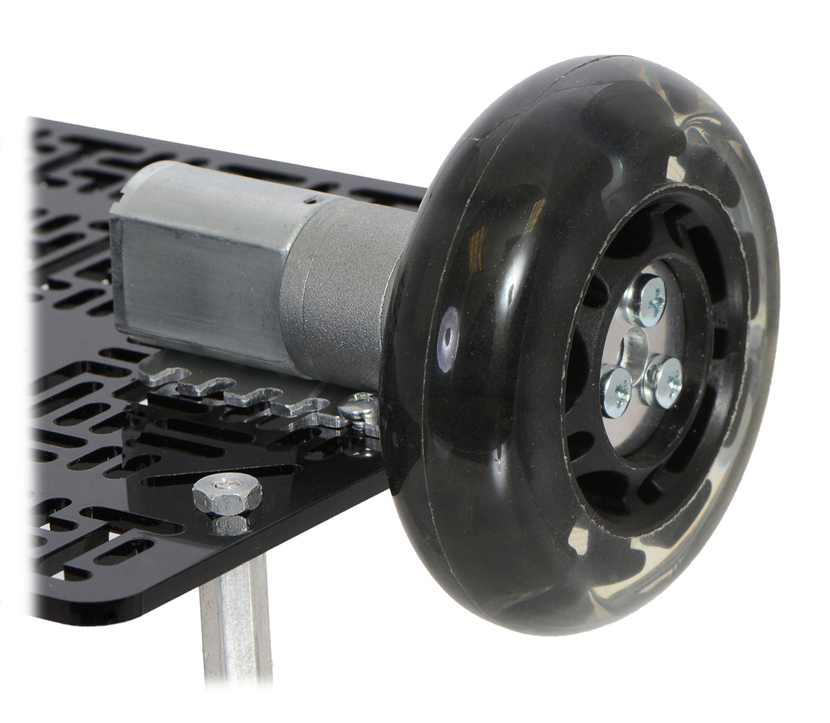 A 20D mm gearmotor connected to a scooter wheel by the 4 mm scooter wheel adapter.