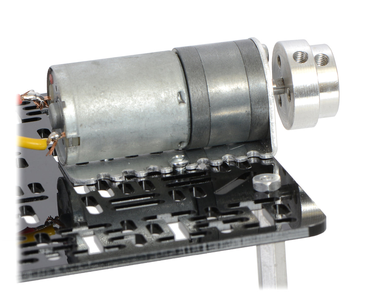 The machined piece of the 4 mm scooter wheel adapter mounted to the output shaft of a 25D mm gearmotor.