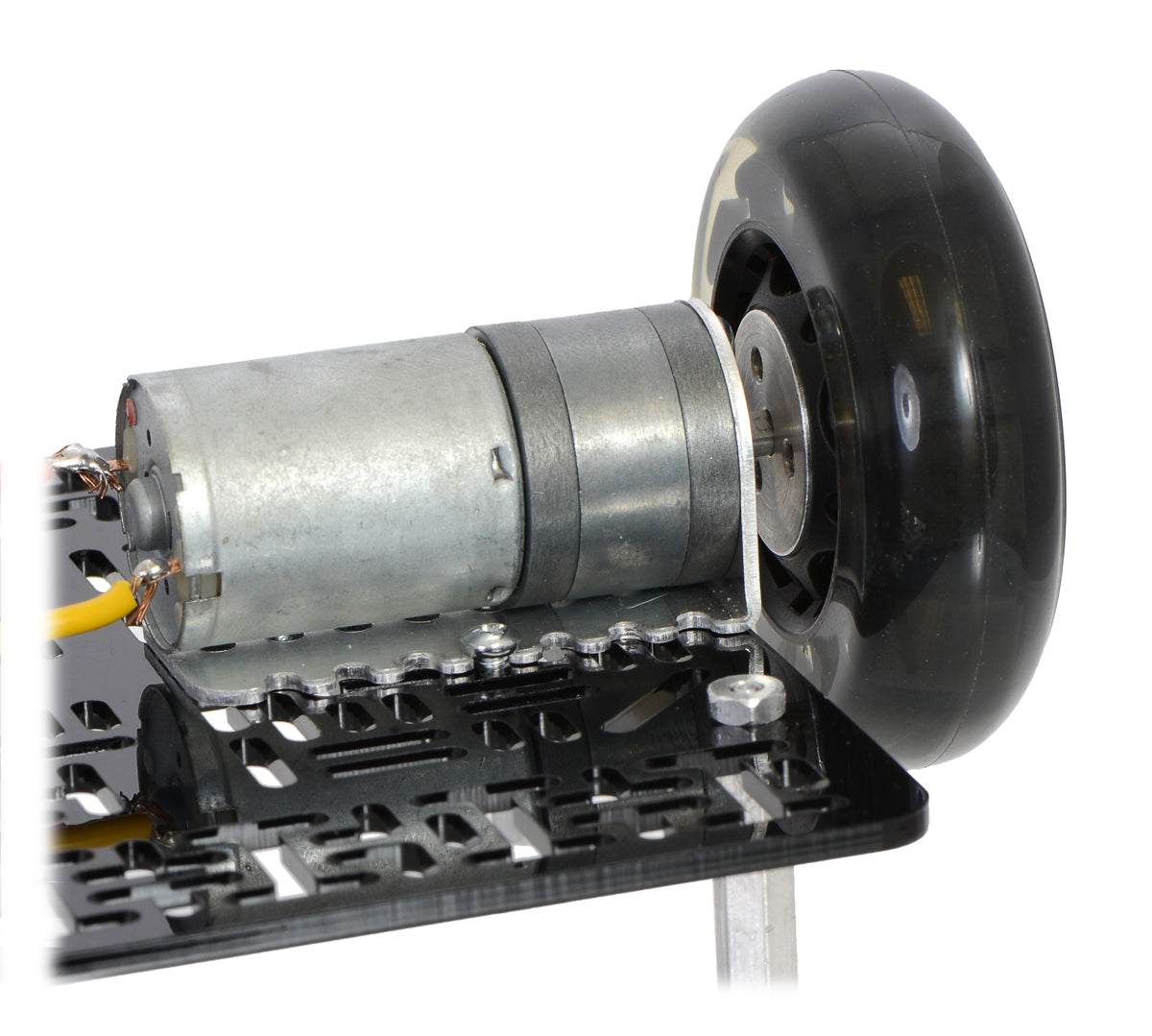 A 25D mm gearmotor connected to a scooter wheel by the 4 mm scooter wheel adapter.