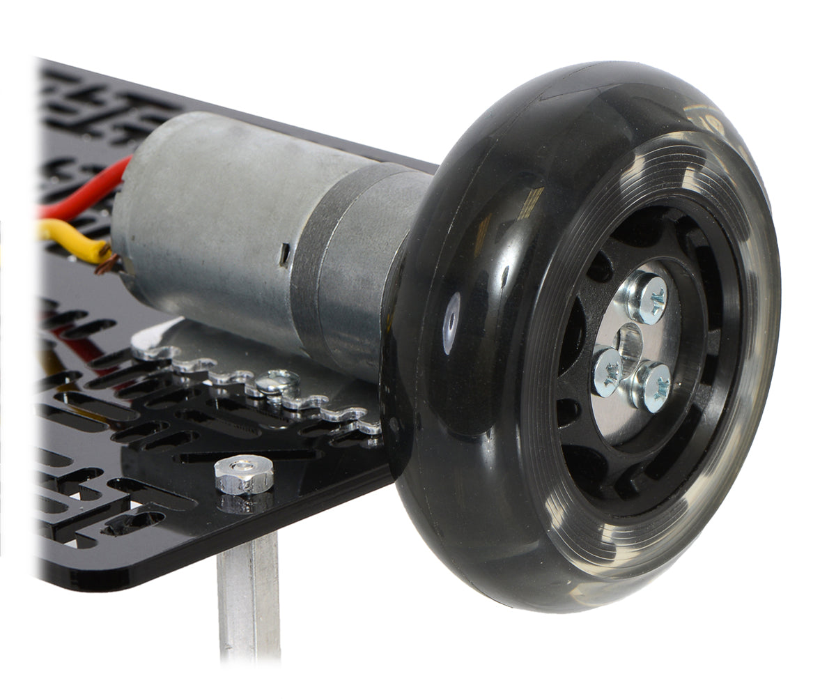 A 25D mm gearmotor connected to a scooter wheel by the 4 mm scooter wheel adapter.