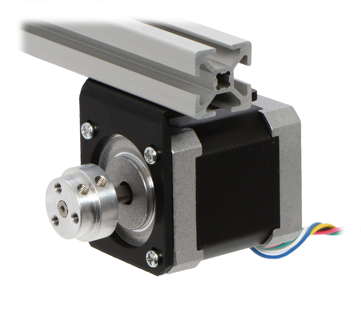 The machined piece of the 5 mm scooter wheel adapter mounted to the output shaft of a stepper motor.