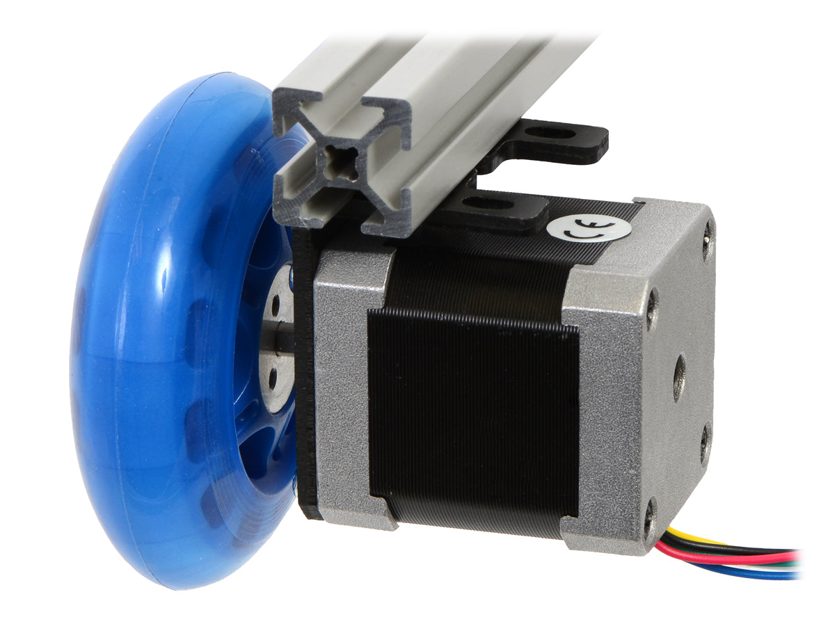 A stepper motor connected to a scooter wheel by the 5 mm scooter wheel adapter.