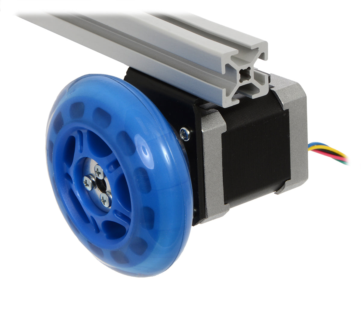 A stepper motor connected to a scooter wheel by the 5 mm scooter wheel adapter.