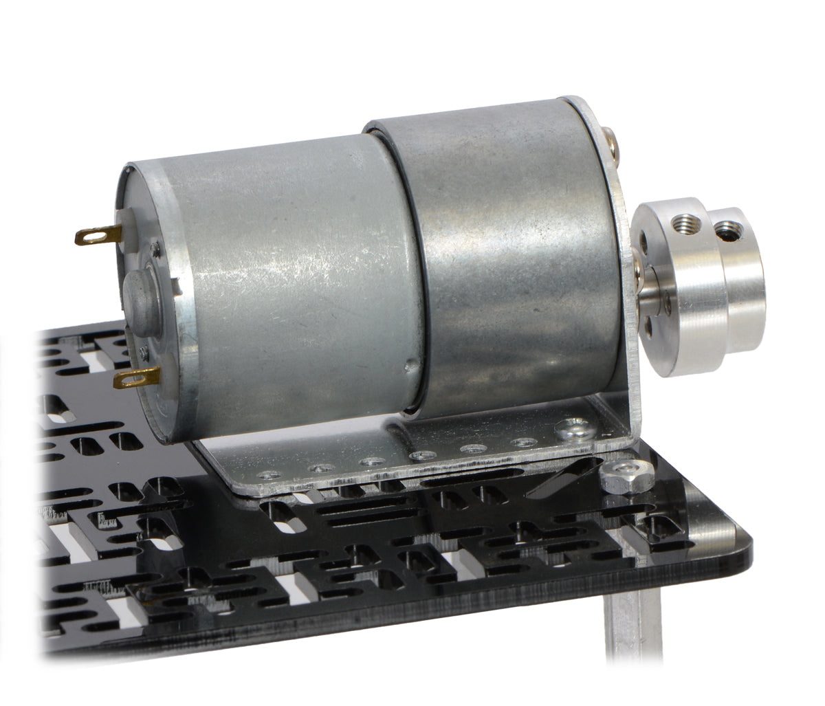 The machined piece of the 6 mm scooter wheel adapter mounted to the output shaft of a 37D mm gearmotor.