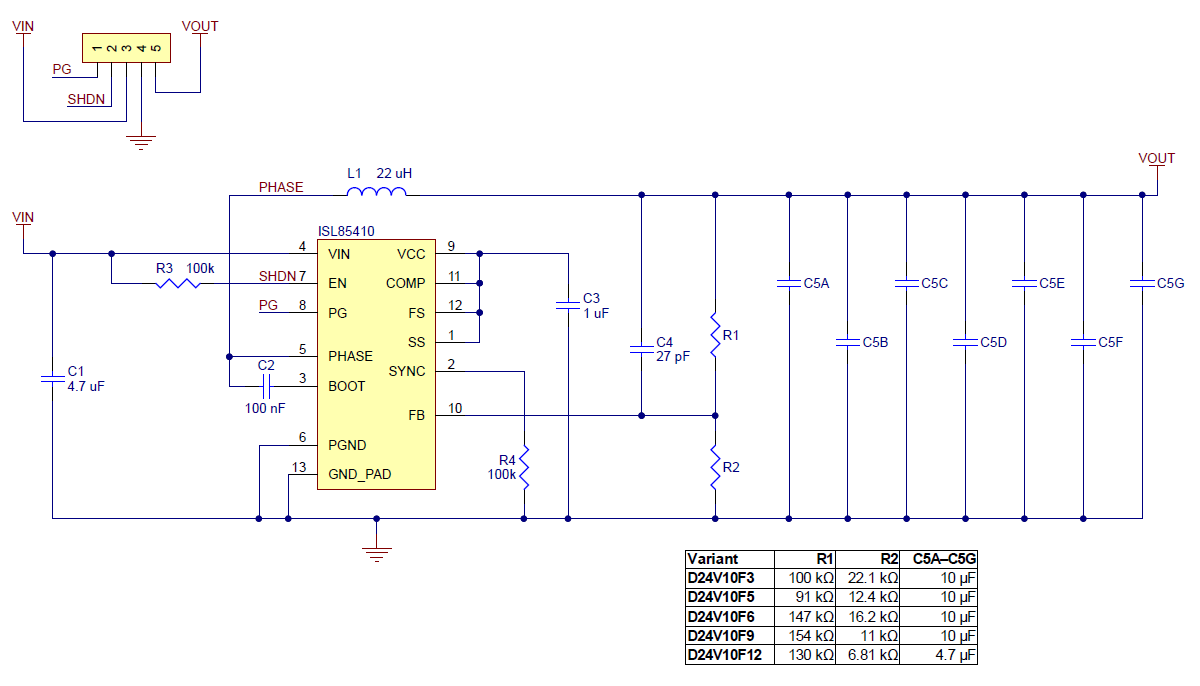 Schematic diagram for the Pololu D24V10Fx family of 1 A step-down voltage regulators.