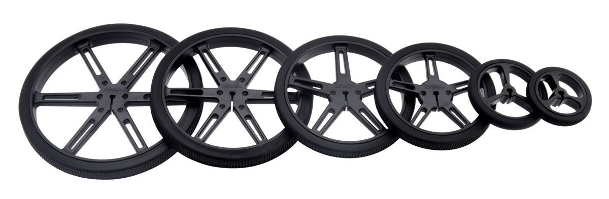 Black Pololu Wheels with 90, 80, 70, 60, 40, and 32 mm diameters (other colors available).