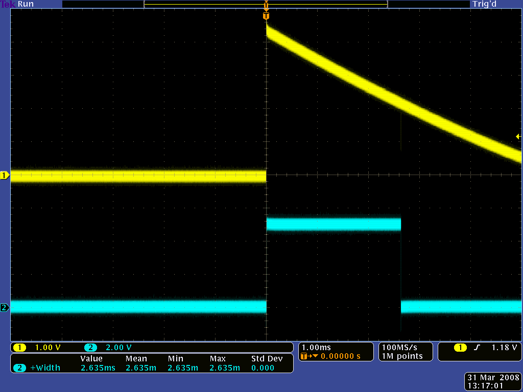 QTR-1RC output (yellow) when 1/8" above a black line and microcontroller timing of that output (blue).