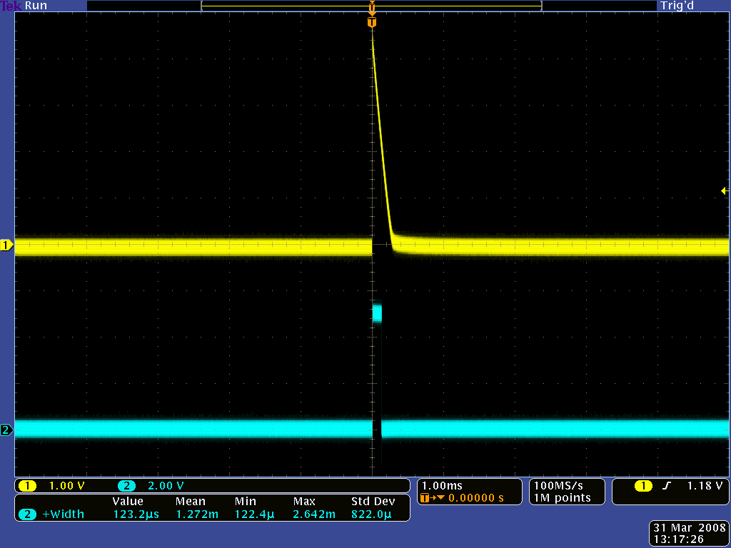 QTR-1RC output (yellow) when 1/8" above a white surface and microcontroller timing of that output (blue).