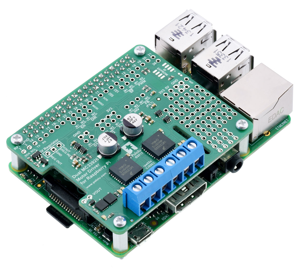 Pololu dual MC33926 motor driver (assembled) on a Raspberry Pi Model B+.