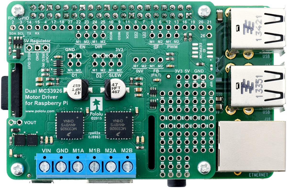 Pololu dual MC33926 motor driver (assembled) on a Raspberry Pi Model B+.