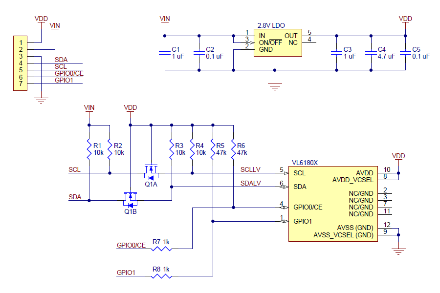 Schematic diagram of the VL6180X Time-of-Flight Distance Sensor Carrier.
