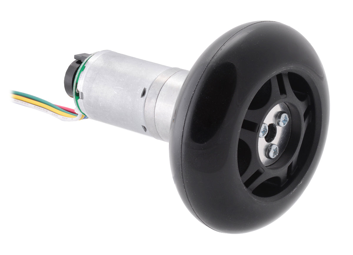 A 25D mm gearmotor connected to a 70 mm scooter/skate wheel using a 4 mm scooter wheel adapter.