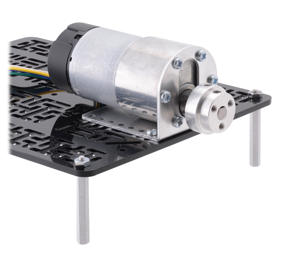 The machined piece of the 6 mm scooter wheel adapter mounted to the output shaft of a 37D mm gearmotor.