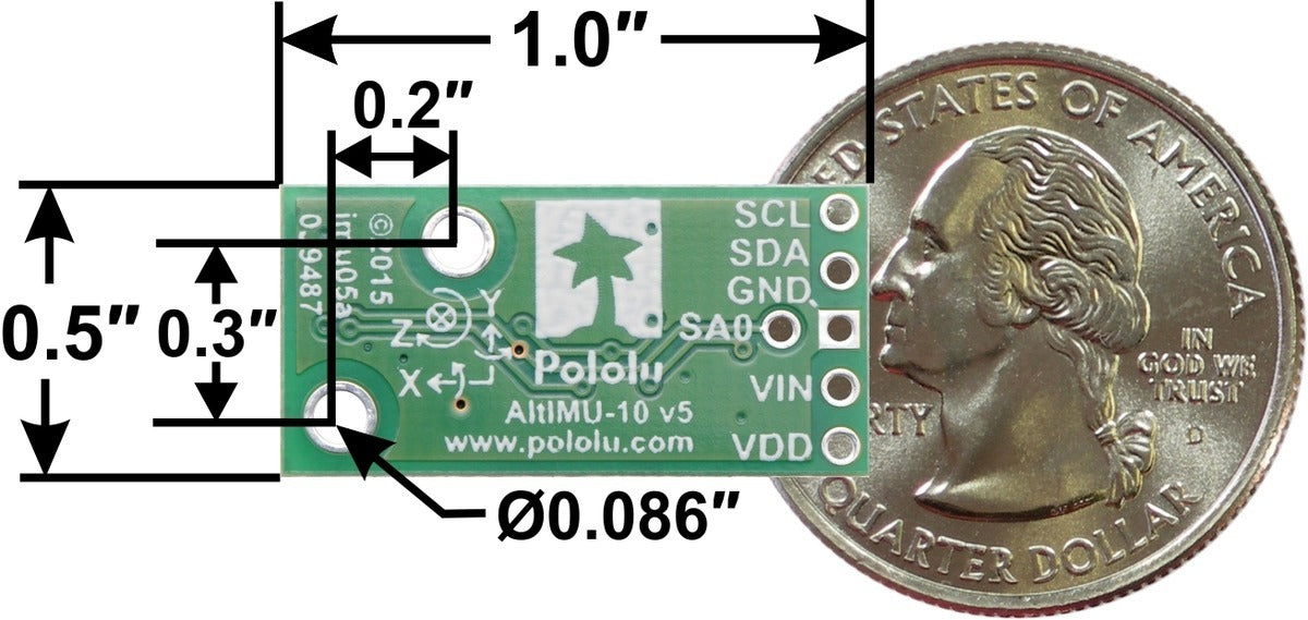 Pololu AltIMU-10 v5 gyro, accelerometer, compass, and altimeter, bottom view with dimensions.