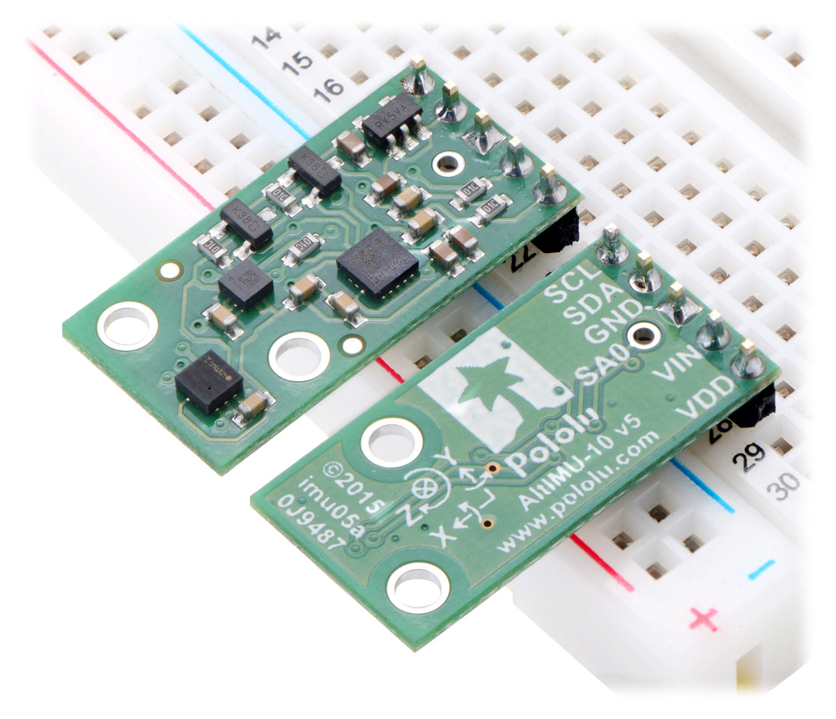 Two Pololu AltIMU-10 v5 modules in a breadboard.