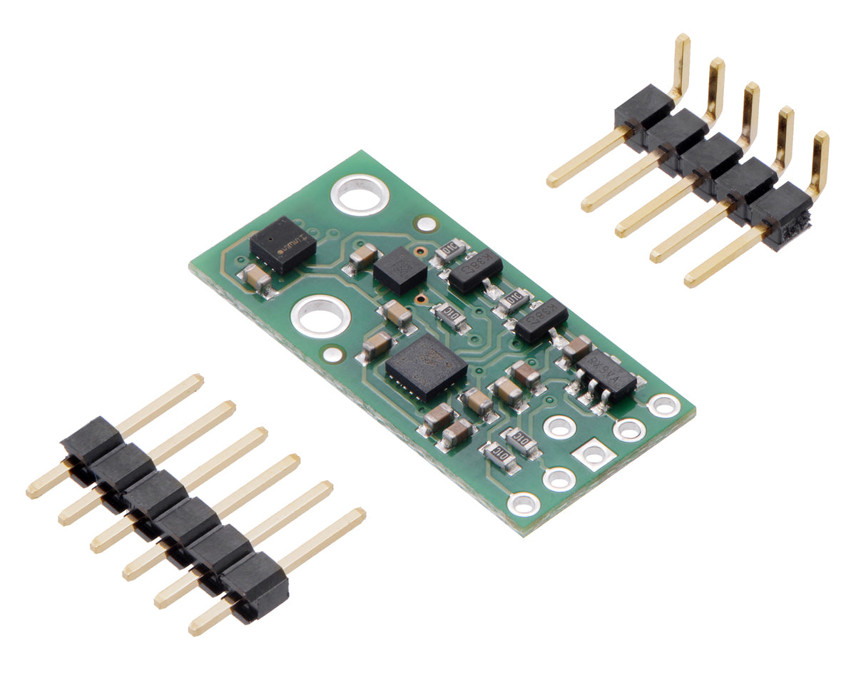 Pololu AltIMU-10 v5 gyro, accelerometer, compass, and altimeter, with included optional headers.