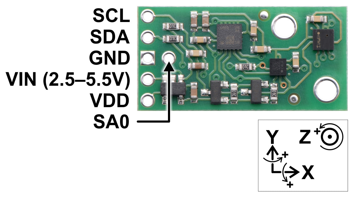 Pololu AltIMU-10 v5 gyro, accelerometer, compass, and altimeter pinout.