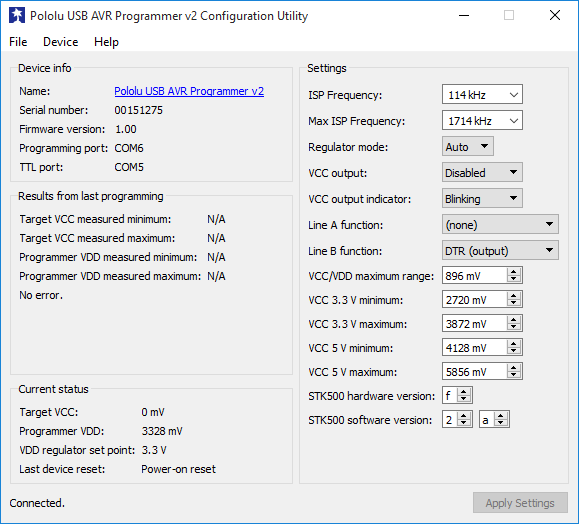 The Pololu USB AVR Programmer v2 Configuration Utility in Windows 10.
