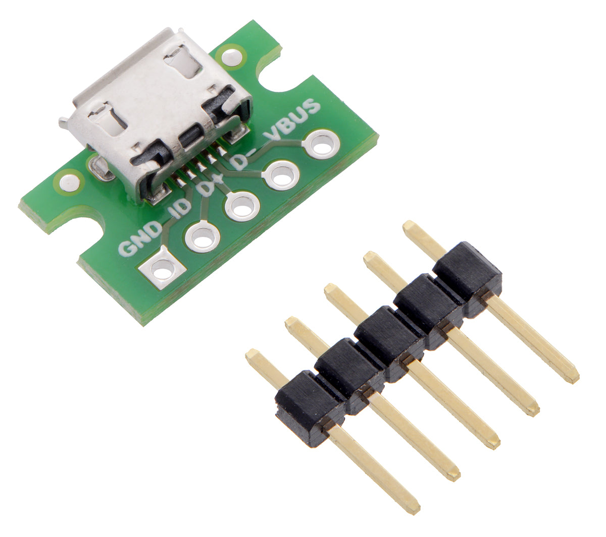 USB Micro-B connector breakout board with included optional header pins.