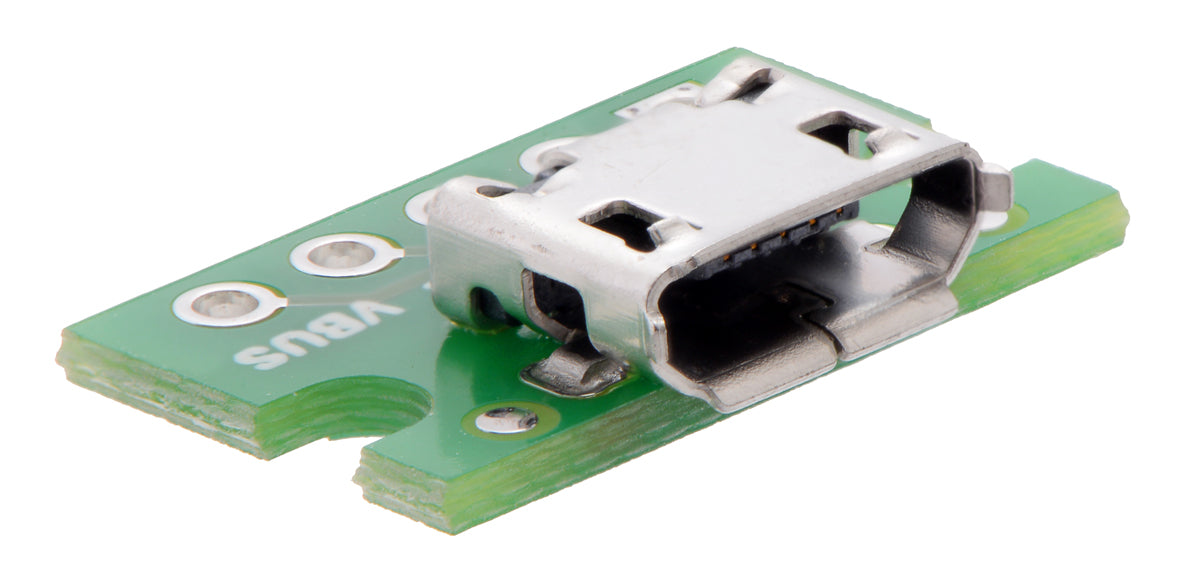 Close-up of Micro-B connector on the USB Micro-B connector breakout board.