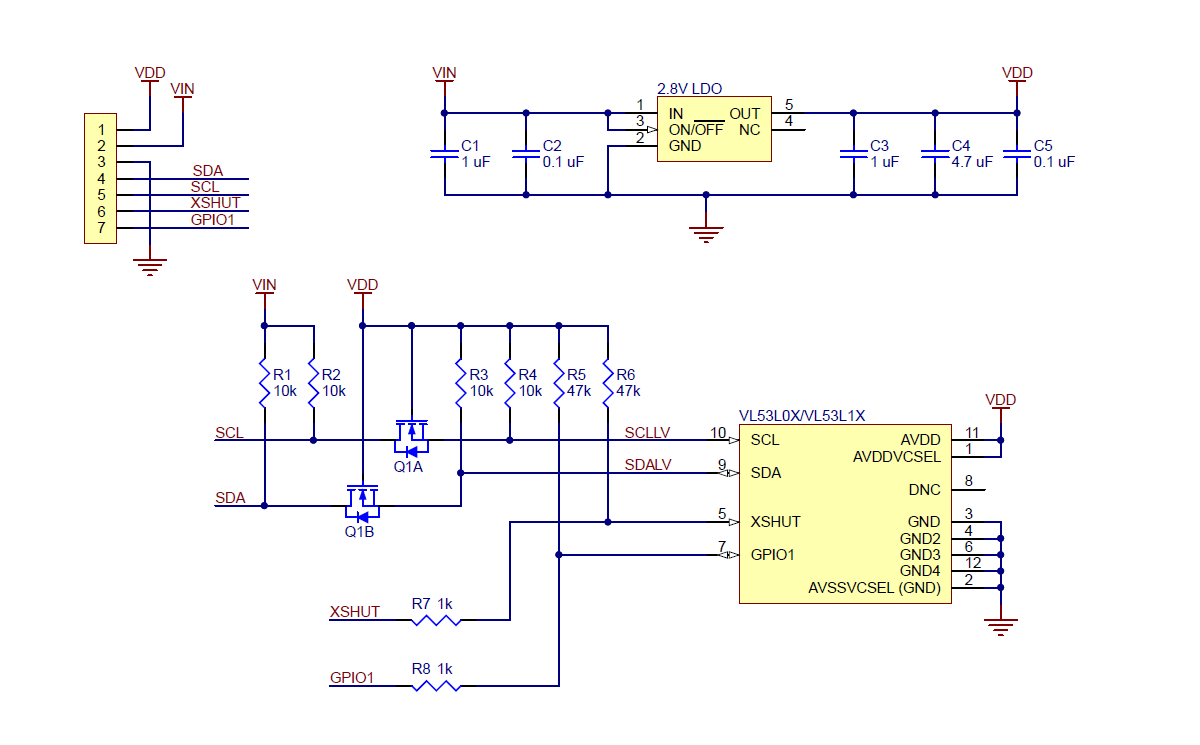 Schematic diagram of the VL53L0X/VL53L1X Time-of-Flight Distance Sensor Carrier.