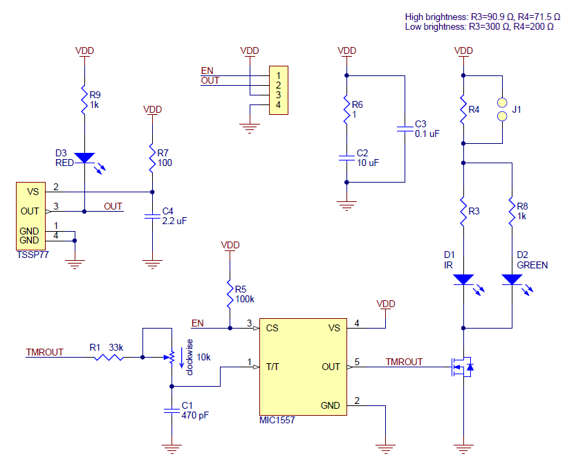 Schematic diagram for the Pololu 38 kHz IR proximity sensor.