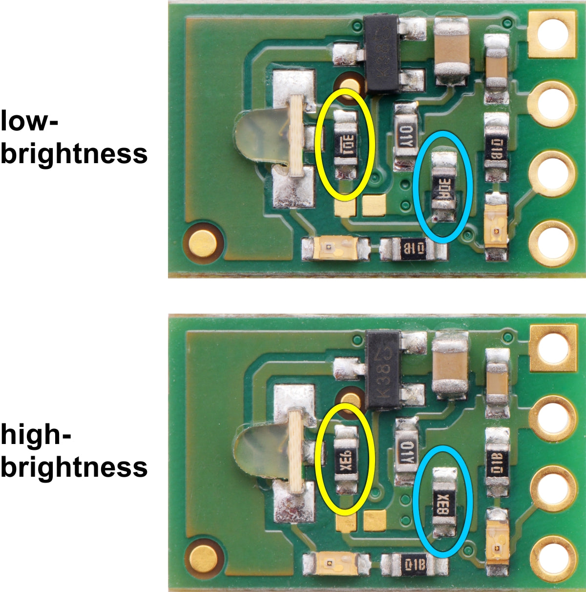 You can tell the high- and low-brightness versions of the 38 kHz IR proximity sensor apart using R3 (yellow) and R4 (blue) on the emitter side.